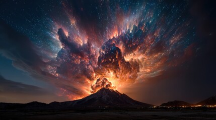 Erupting Volcano at Night with Explosive Clouds and Bright Flames