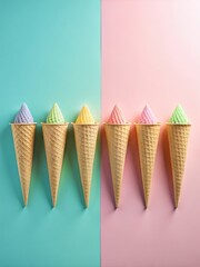 Pastel coloured ice cream cones arranged in a modern minimalist composition with clean lines and empty space surrounding them