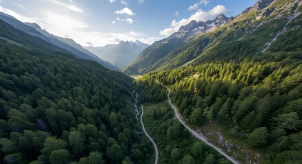 Aerial View of Serene Mountain Valley with Winding Road