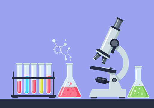 Science Laboratory Equipment Microscope Test Tubes and Flasks with Colored Liquids.