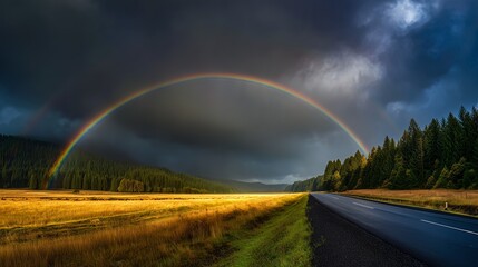 Majestic vibrant rainbow spans dramatic stormy sky over scenic rural landscape golden field green grass asphalt road winding through dense evergreen forest beautiful atmospheric
