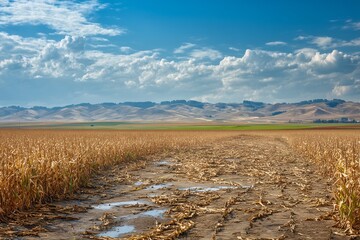 Severe drought impacts agricultural landscape showing dry cracked earth withered crops field stubble distant hills cloudy sky highlighting climate change environmental issues
