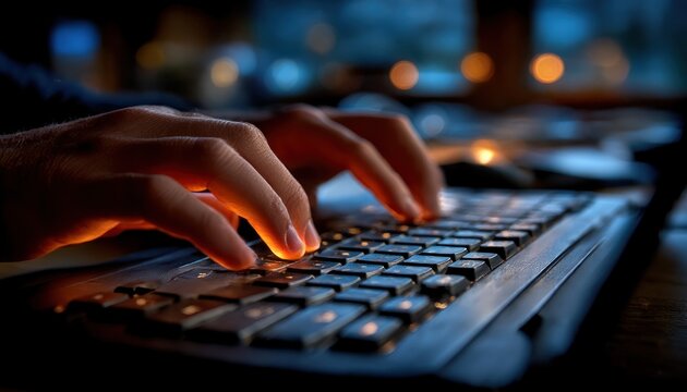 Hands typing on a keyboard at night