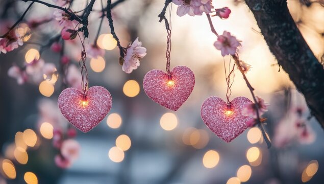 Three small, heart-shaped lights hang from branches of a flowering tree, lit by a soft, warm light. Pink blossoms and bokeh blur the background