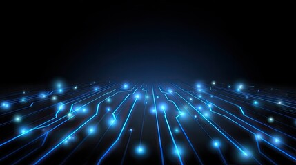 Abstract glowing circuit board pattern with neon blue lines on black background, futuristic digital technology theme