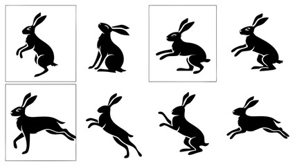Collection of black silhouette rabbit and hare poses in motion and still