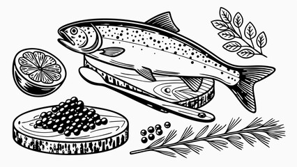 Fresh salmon with lemon caviar and herbs on a white background