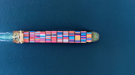 Aerial top view of large container ship at sea, global freight transport, export import cargo logistics, copy space