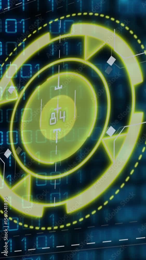 Poster animation of yellow circle with numbers over binary code