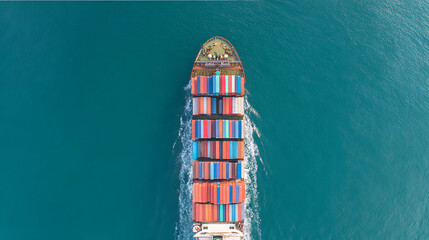 Aerial top view of large container ship at sea, global freight transport, export import cargo logistics, copy space