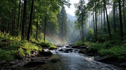 Misty forest stream with rainbow