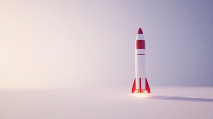 Minimalist Rocket Poised on Launch Pad Against White Backdrop