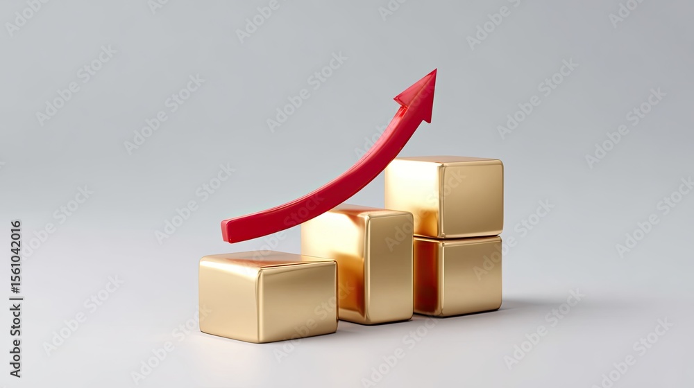 Poster d bar graph made of gold blocks with red arrow pointing upward, symbol of increasing revenue