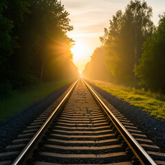 Fototapeta premium Steel rails offer a perspective down the railway track, a path for a transportation journey into the sunrise.