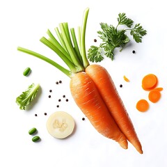 
Cenoura, verdura, legumes, alimentação saudável. Saúde à mesa. Comida de coelho. Flutuando no ar isolado em em fundo branco. Talos e folhas.


