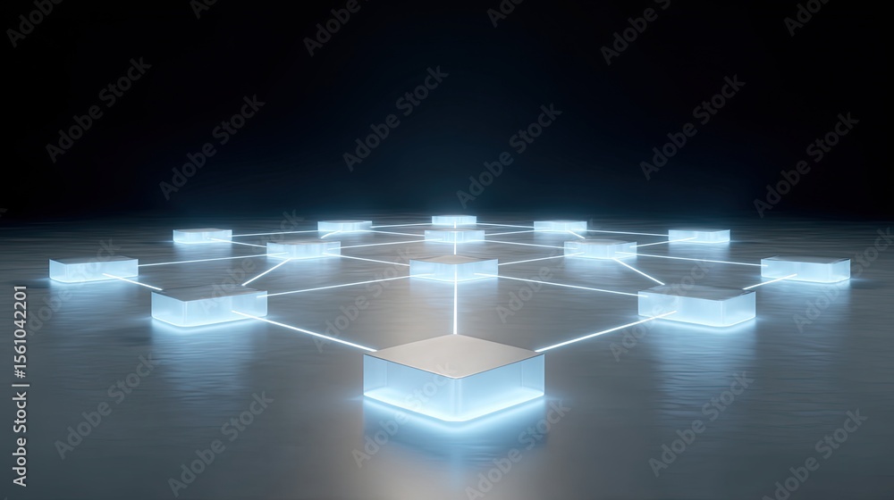 Poster d perspective of luminous hexagon blockchain network with nodes connected by radiant blue circuits