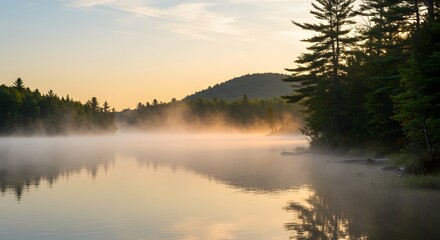Serene Sunrise Over Misty Lake in the Mountains
