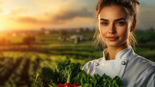 Beautiful chef holding fresh vegetables in a rural green field