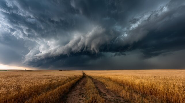 An intense, foreboding storm front looms over a golden wheat field at dusk, with dark, turbulent clouds unleashing heavy rain, creating a powerful, dramatic, and atmospheric
