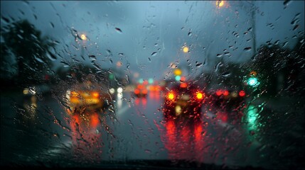 Rainy Night Drive Abstract View Through Wet Windowpane with Heavy Rain Falling Streetlights and Cars Lights Blurred Bokeh Effect Water Droplets on Glass