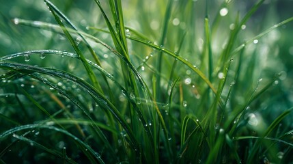 Lush vibrant green grass macro close up view with fresh water droplets dew drops glistening on blades morning light nature texture background detail outdoors garden lawn