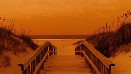 Wooden walkway descends to a beach bathed in a fiery orange sunset