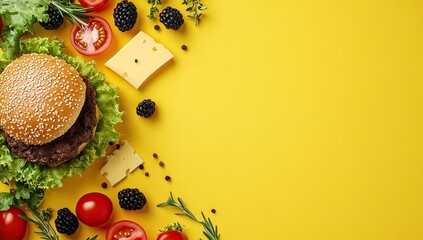 Gourmet burger, ingredients arranged on a vibrant yellow background