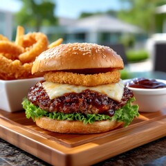 Gourmet burger with onion rings and fries