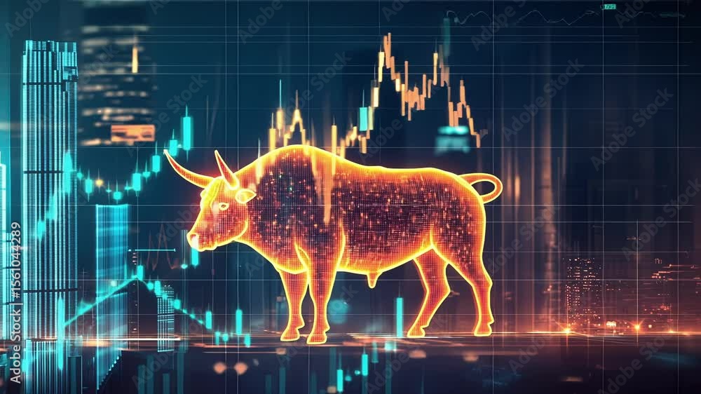 Poster an imposing bull crafted from holographic pixels engages with a radiant line graph that rises sharpl