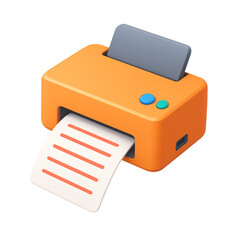 Modern orange printer icon with blue buttons and paper output, minimal 3D style render