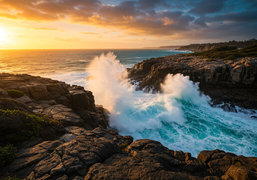 A dynamic photograph capturing the moment a strong ocean wave crashes against a rugged rocky coastline. The bright sky and deep blue sea highlight the force and beauty of nature.