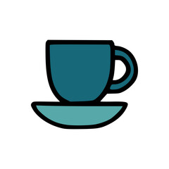 Minimalist Cartoon Illustration of Blue Coffee Cup with Handle and Light Blue Saucer