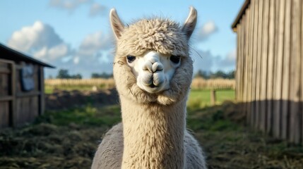 Obraz premium A friendly light colored alpaca looking straight at the camera