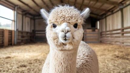 Obraz premium A fluffy alpaca looks directly at the viewer in a barn setting