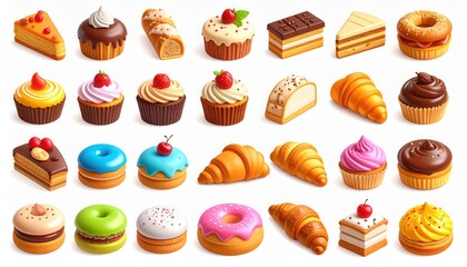 Delicious Assortment of Pastries, Cakes, and Desserts on White Background