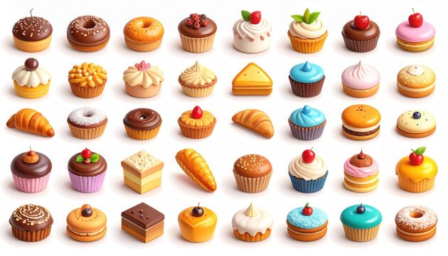 Extensive Collection of Colorful Pastries, Cakes, and Desserts on White Background