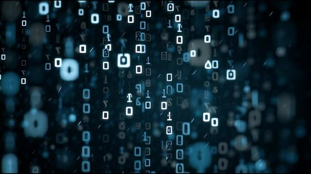Abstract 3D Animation of Stream of Binary Code on Dark Background