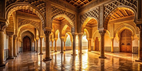 Fototapeta premium Golden Sunlight Illuminates Intricate Arches and Ornate Columns Within a Majestic Hall