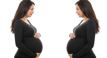 Two images of a pregnant woman in a black dress holding her belly against a black background space on transparent background