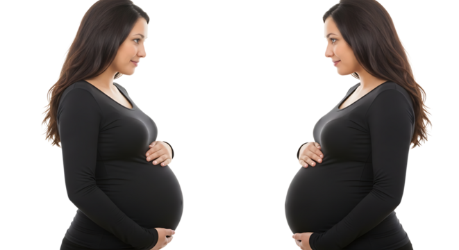 Two images of a pregnant woman in a black dress holding her belly against a black background space on transparent background