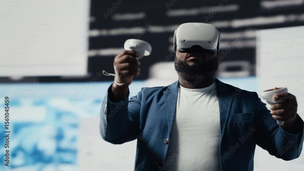 Poster african american software developer uses virtual reality headset for coding, high tech interface wor