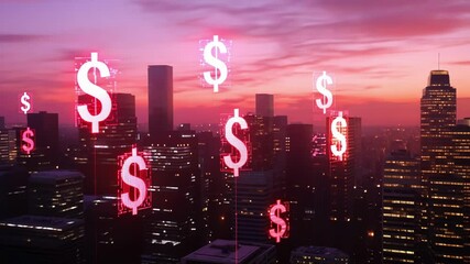 Pink digital dollar signs and numbers made of pixels are floating above a cityscape at sunset, representing the increasing influence of financial technology - Powered by Adobe