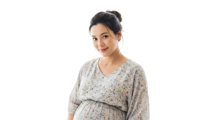 Portrait of a pregnant woman smiling wearing a floral dress with her hair in a bun against a dark background on transparent background