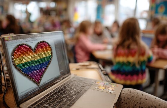 Laptop showing rainbow heart in classroom promotes diversity and inclusion - Powered by Adobe
