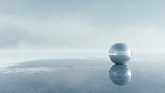 A serene, reflective sphere on a placid icy lake