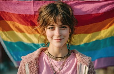 Young activist holding rainbow flag promoting lgbtq+ rights and equality