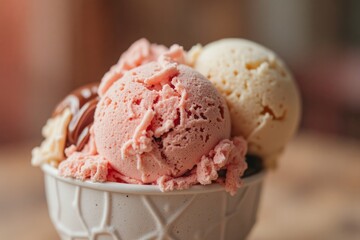 Close-up of a waffle cone ice cream sundae.
