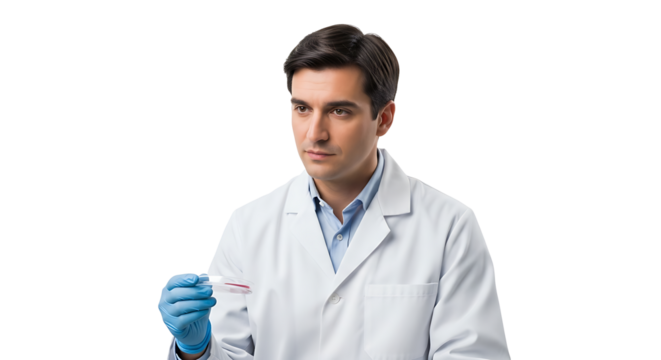 A scientist in a white coat and blue gloves holding a test tube against a black background in a lab on transparent background
