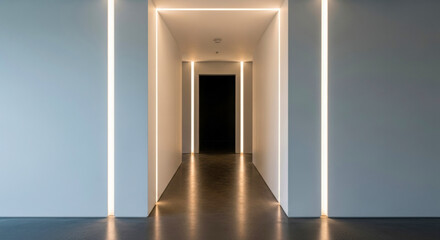 A futuristic hallway features sleek, vertical and horizontal LED strip lights illuminating the white walls and dark polished floor, leading to a distant black door.