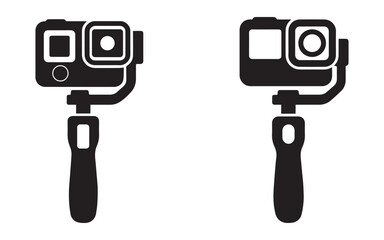 Action camera with gimbal icon set, GoPro vector illustration, handheld stabilizer camera, video capture equipment silhouette, minimal line art gadget